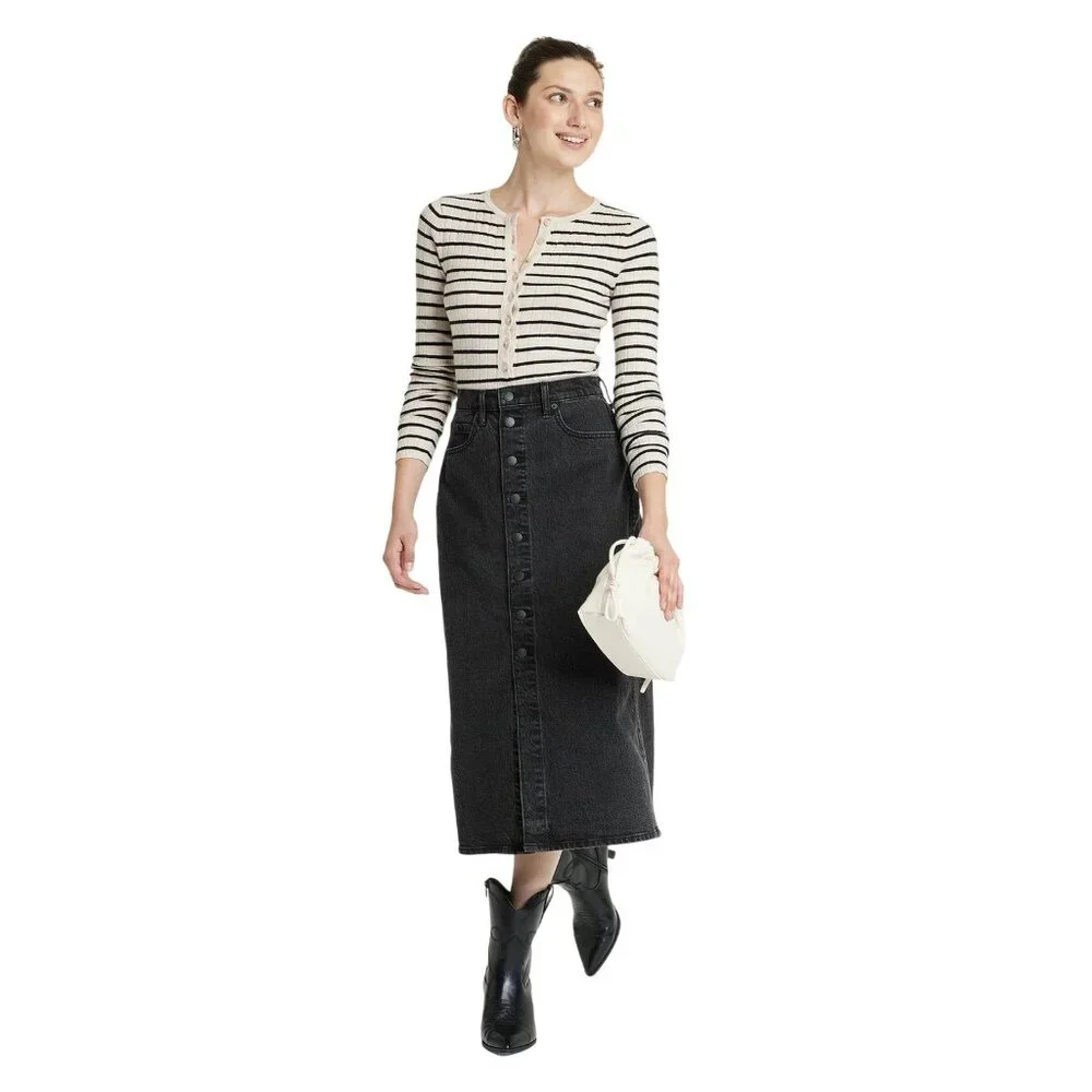 NWT Universal Thread Women's Size 16 Black A-line Midi Denim High Rise Skirt - Picture 3 of 13